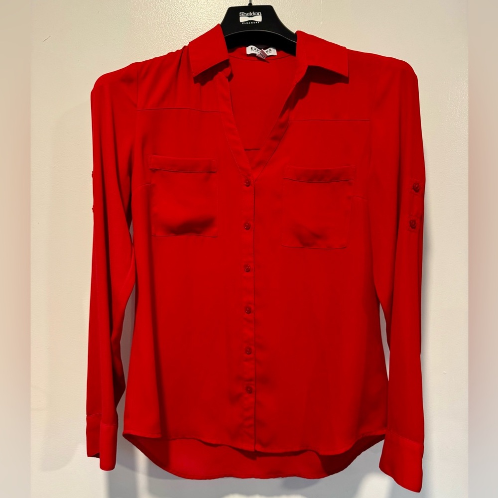 Express Red Button-Front Women's Blouse